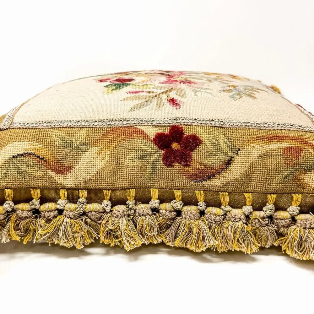 Vintage 18” Aubusson Floral Petit Point Needlepoint Beaded Tassel Throw Pillow